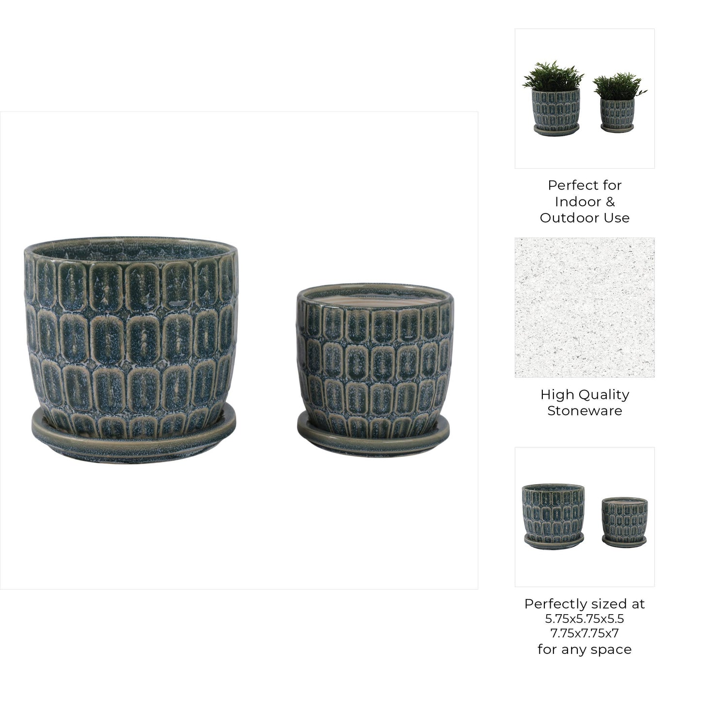 Plant Pot - Blue Ceramic Squoval in Saucer, 8 in.